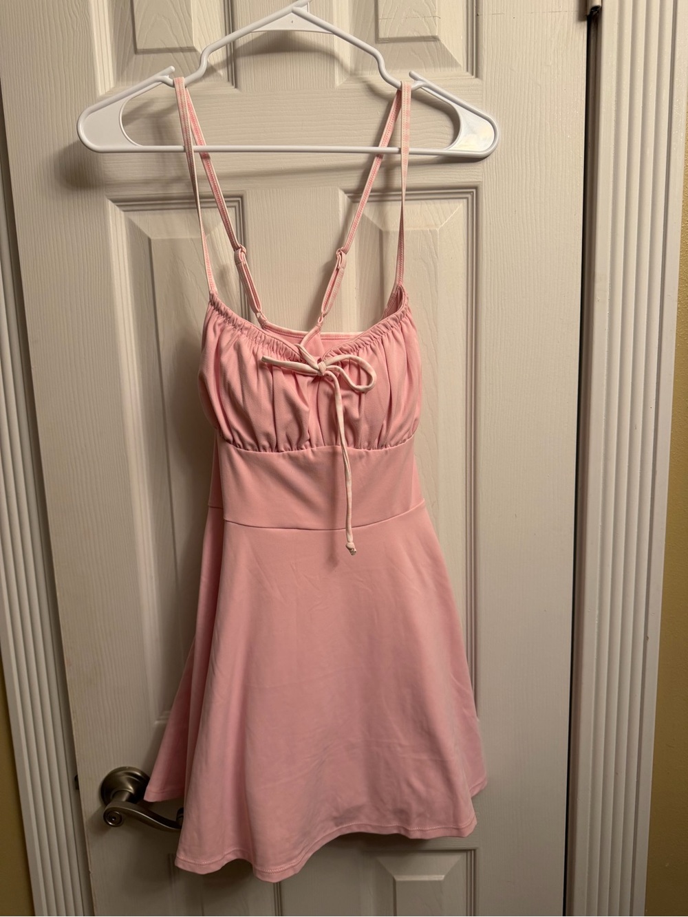 Blogilates pink spaghetti strap tie front twirl dress